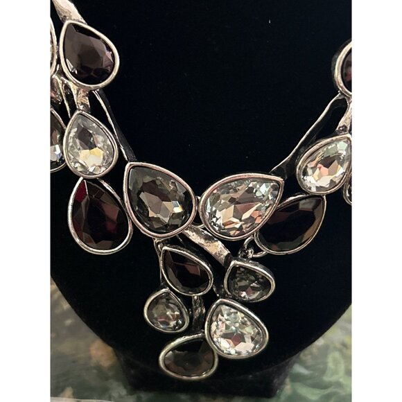 Teardrop Crystal Statement Necklace & Earring Set Nickel Free Silver Black Clear - Picture 2 of 5